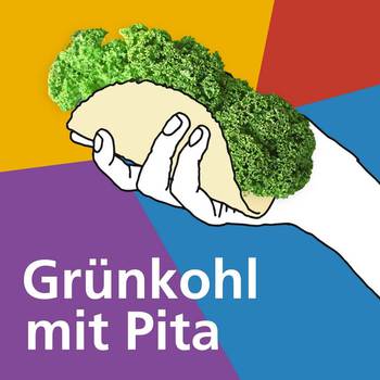 Das Logo des Podcasts Grünkohl mit Pita vom Bündnis Niedersachsen packt an - zu sehen ist eine gezeichnete Hand, die eine Pitabrot hält, aus dem Grünkohl herausschaut
